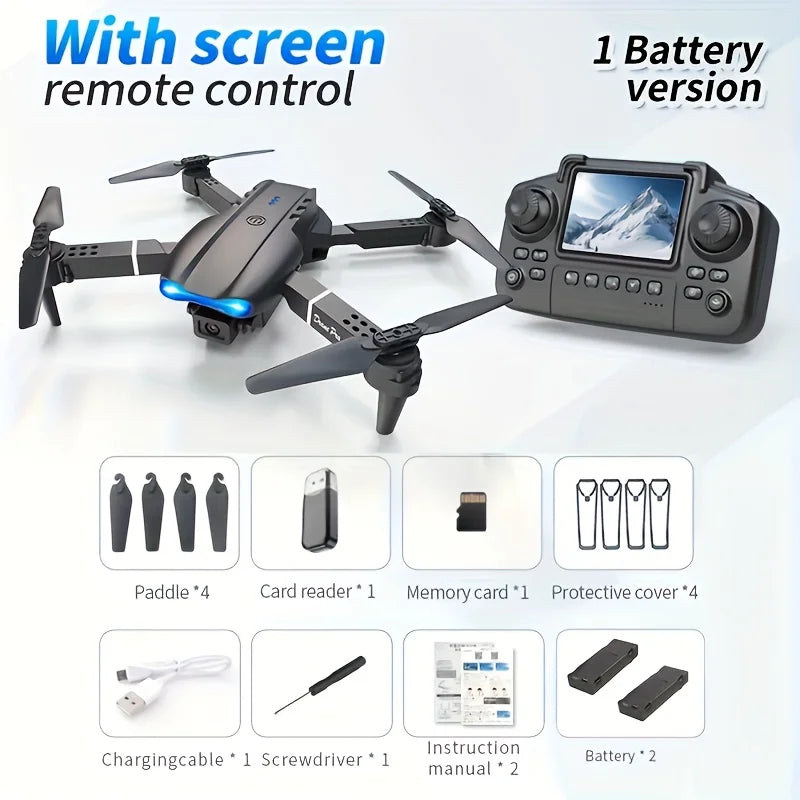 Drone plegable negro con control remoto con pantalla y hélices delanteras y traseras