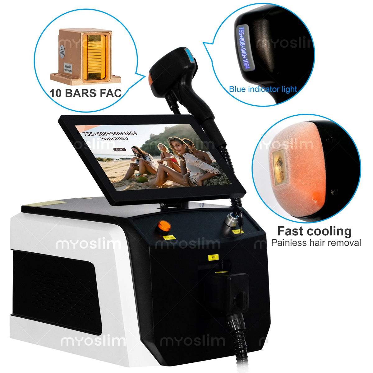 Máquina de diodo FAC profesional de cuatro longitudes de onda 808, de escritorio, en blanco y negro, para la eliminación permanente e indolora del vello y los tatuajes, dispositivo de belleza.
