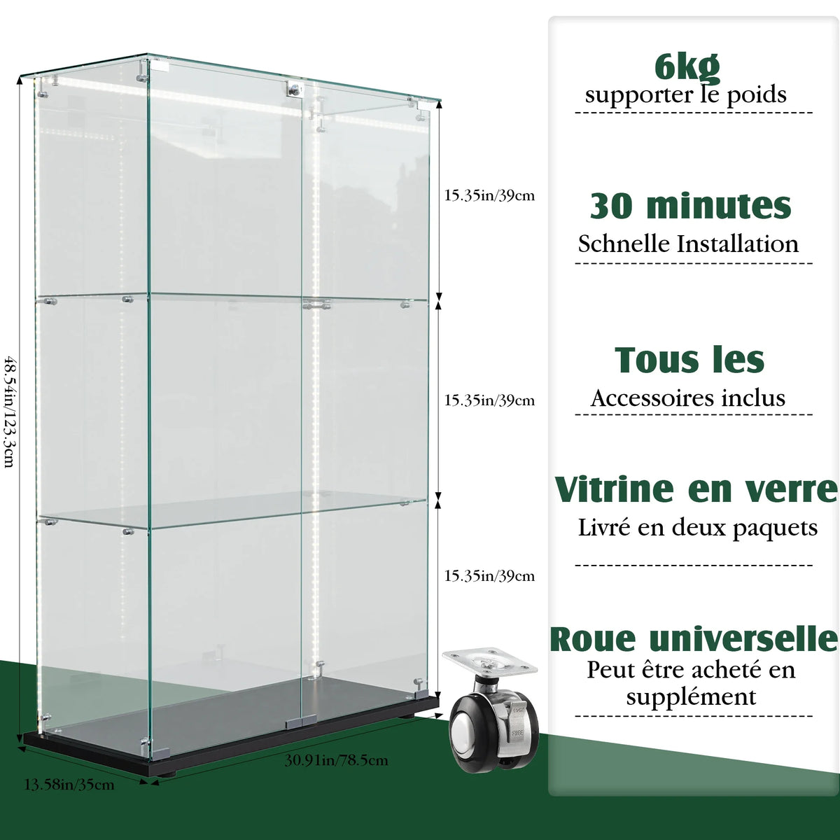 Vitrina de cristal Rosahqnda, vitrina de pie, 3/4 niveles, 2 puertas, con LED y cerradura, mueble expositor de cristal, para sala de estar, dormitorio