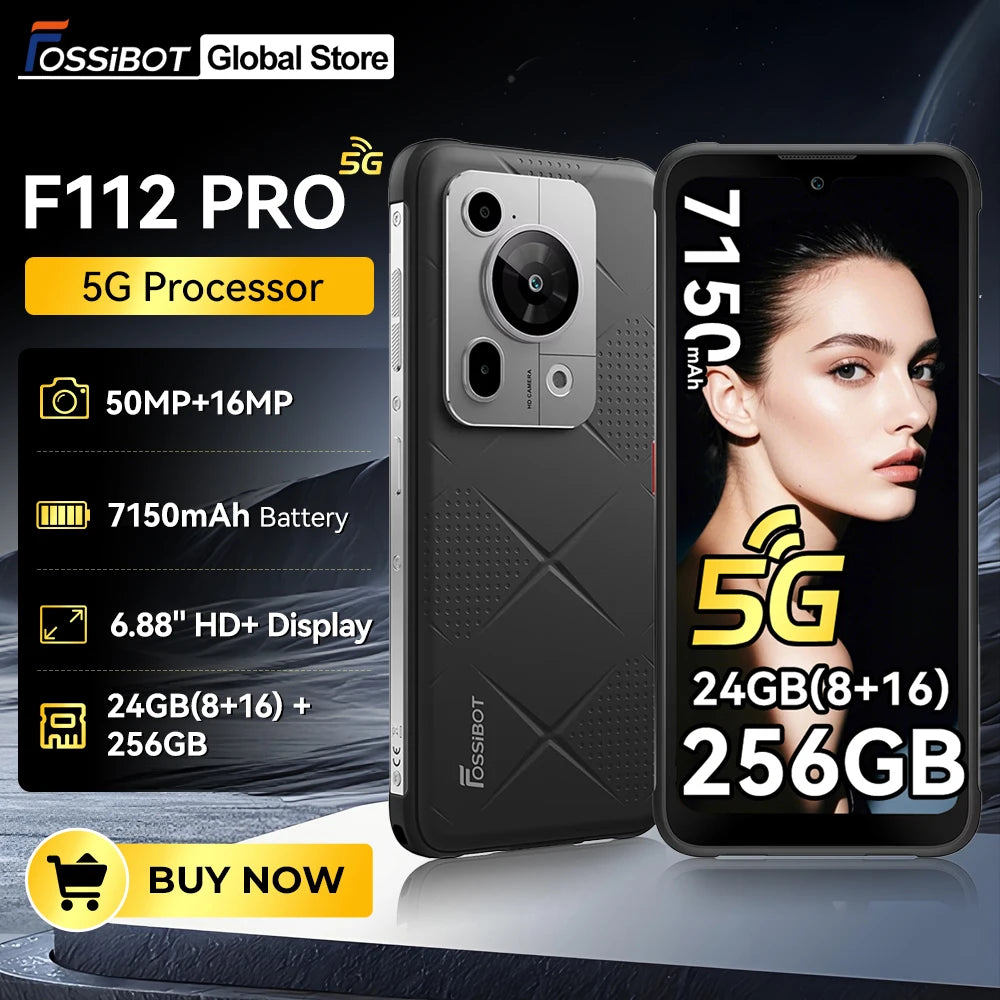 Smartphone resistente Fossibot F112 Pro 5G Android 14, 24 GB (8+16) 256 GB, pantalla HD+ de 6.88", batería de 7150 mAh, cámara de 50 MP, teléfono móvil con NFC