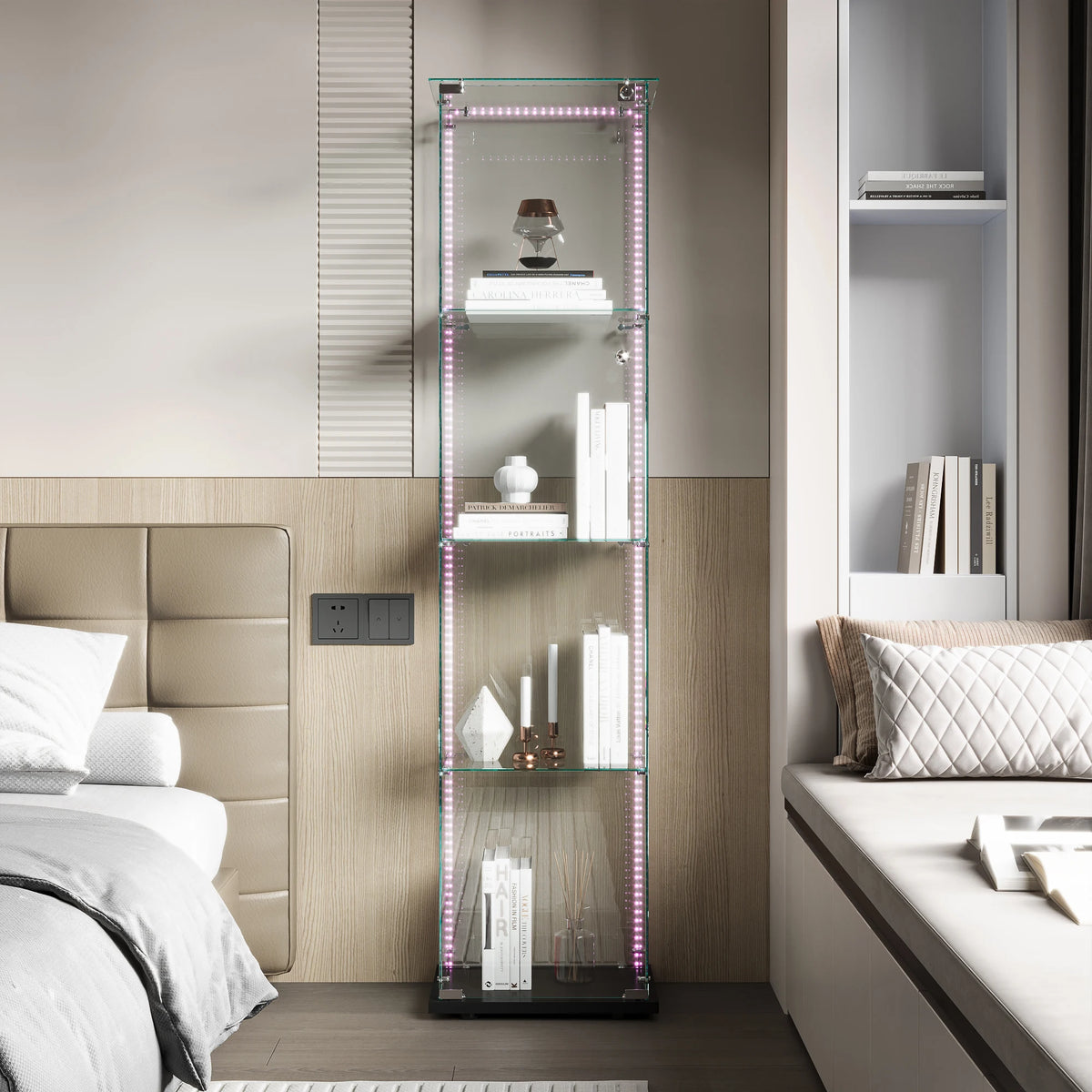 Vitrina de cristal con luces LED, vitrina de exhibición con 4 estantes de cristal y puertas con cerradura, vitrina moderna para coleccionables, libros, figuras, sala de estar, 163 X 80.6 X 36.5 CM