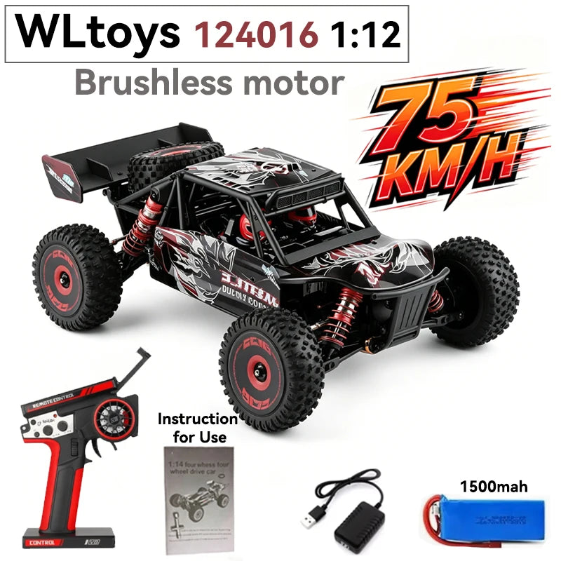 Coche RC de alta velocidad WLtoys 1/12 124017 - Vehículo eléctrico de drift 4WD sin escobillas de 75 km/h con control remoto 2.4G para carreras