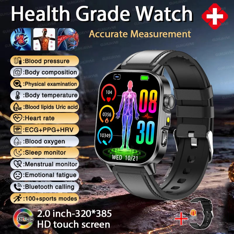 Reloj inteligente de enfermería de alta gama 2026 para hombre, ECG+PPG, presión arterial precisa, lípidos, ácido úrico, pantalla AMOLED de 2.0 pulgadas, reloj de llamadas HD para hombre
