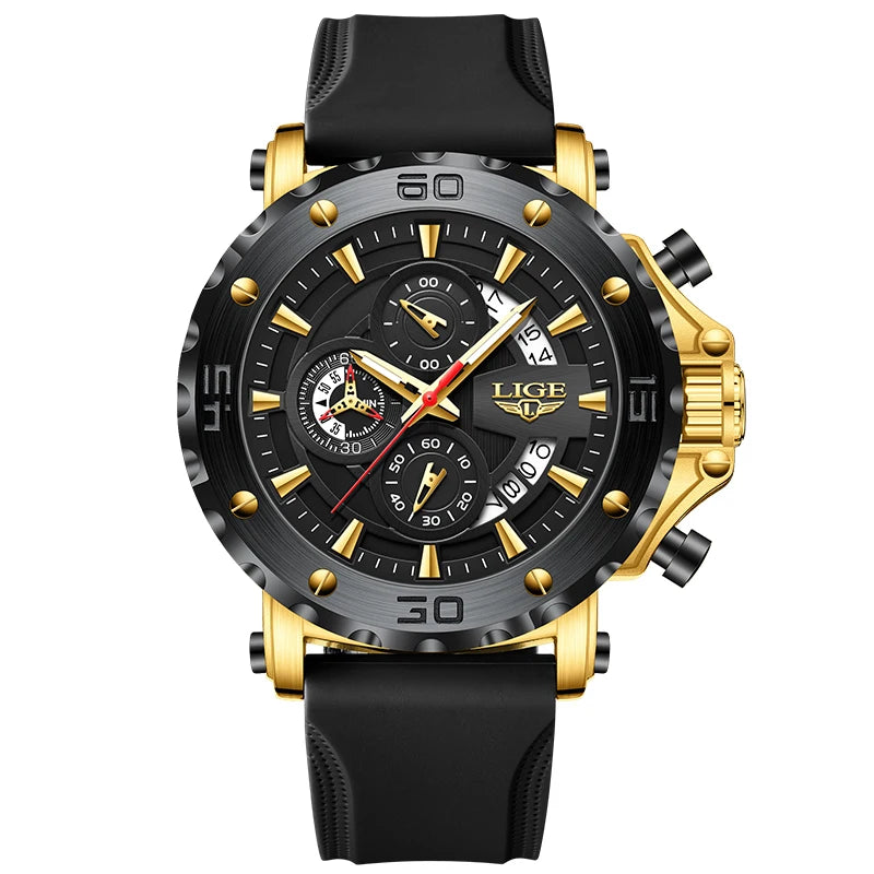 Nuevo reloj deportivo original LIGE para hombre, resistente al agua, luminoso, con cronógrafo y fecha, reloj de cuarzo con correa de silicona