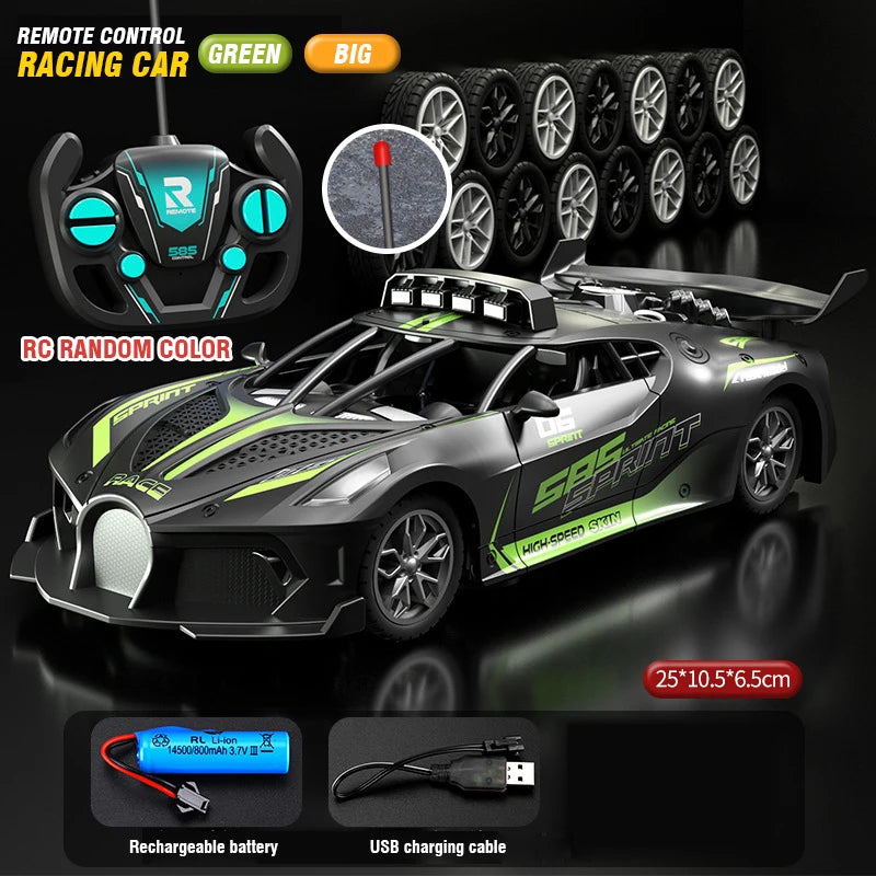 Coche de carreras RC eléctrico verde y plateado con control remoto y ruedas giratorias.