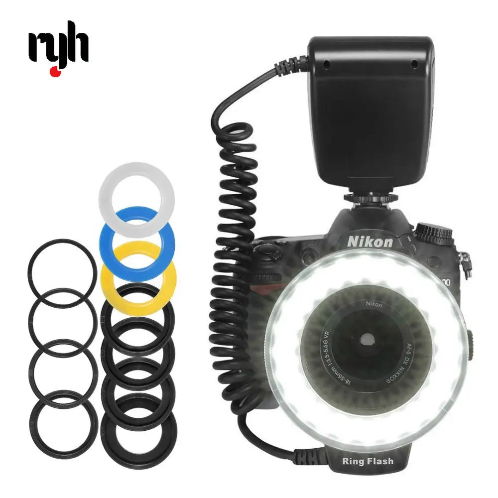 Flash de Anillo LED Macro HD-130 con 8 Anillos Adaptadores para Cámaras DSLR Canon, Nikon, Pentax, Olympus, Panasonic, Flash V HD130