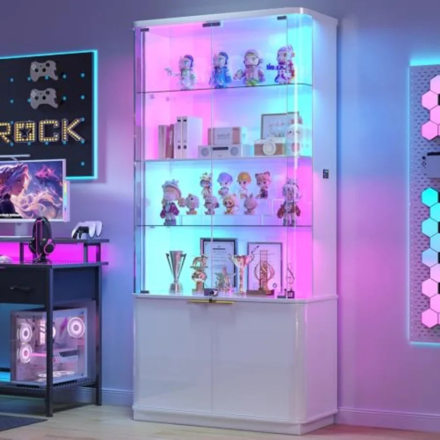 Vitrina de almacenamiento con puertas de vidrio y luces RGB; gabinete blanco alto