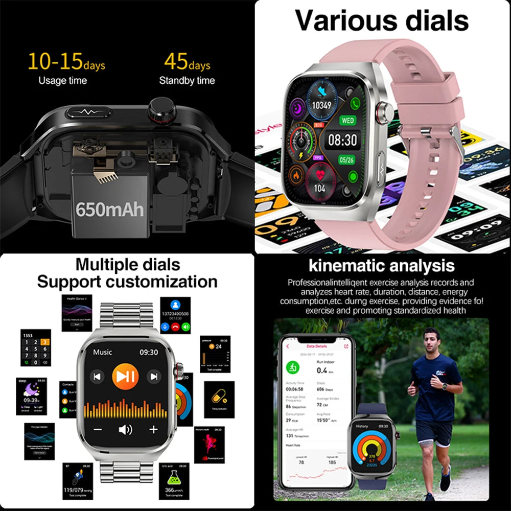 Reloj inteligente para hombre 2026, nuevo modelo con medición de ácido úrico y lípidos en sangre, ECG+PPG, presión arterial, frecuencia cardíaca, llamadas Bluetooth, reloj inteligente de salud