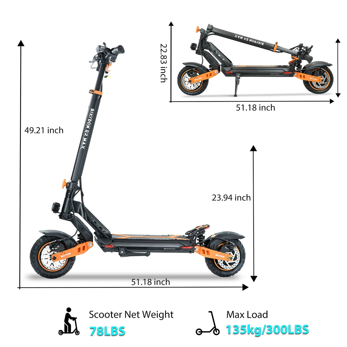 Patinete eléctrico negro con detalles naranjas, ruedas de 10" y plataforma plegable.