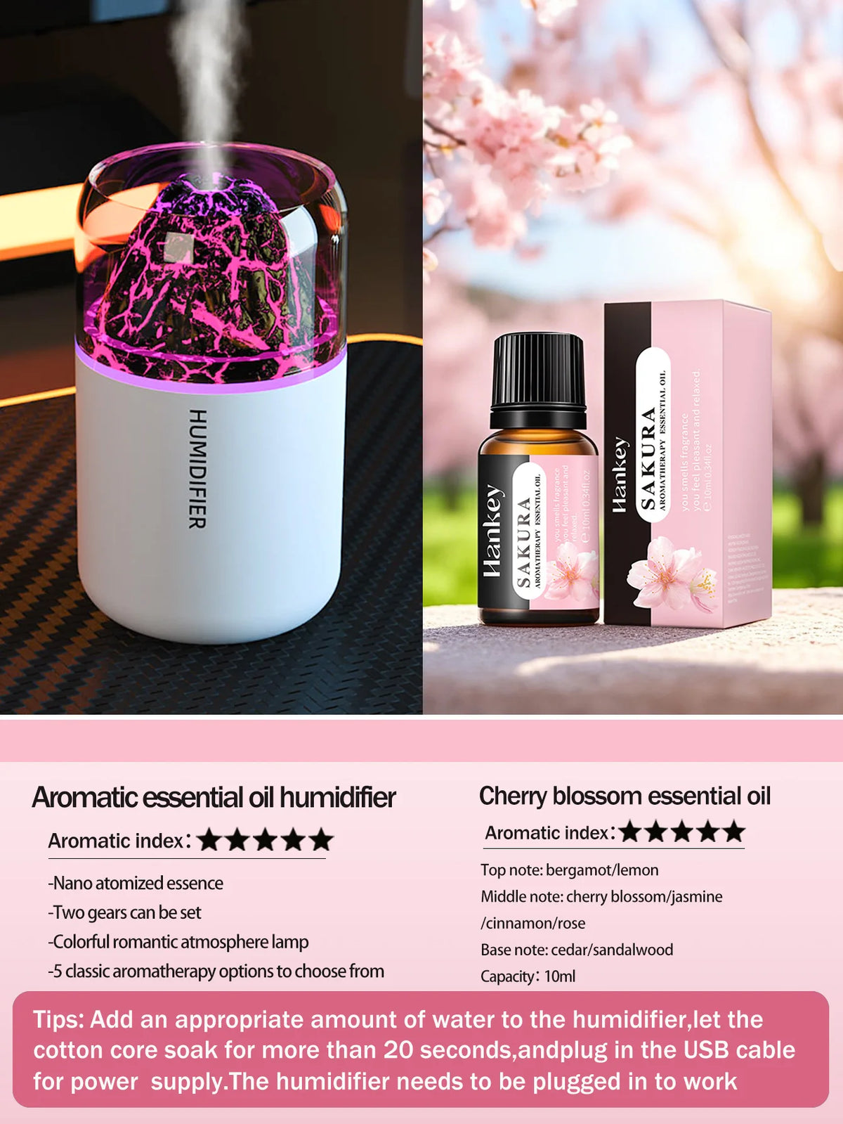 El difusor de aromaterapia USB humidificador con lámpara de color volcánico simulado es adecuado para usar en automóviles, hogares, dormitorios, como regalo,