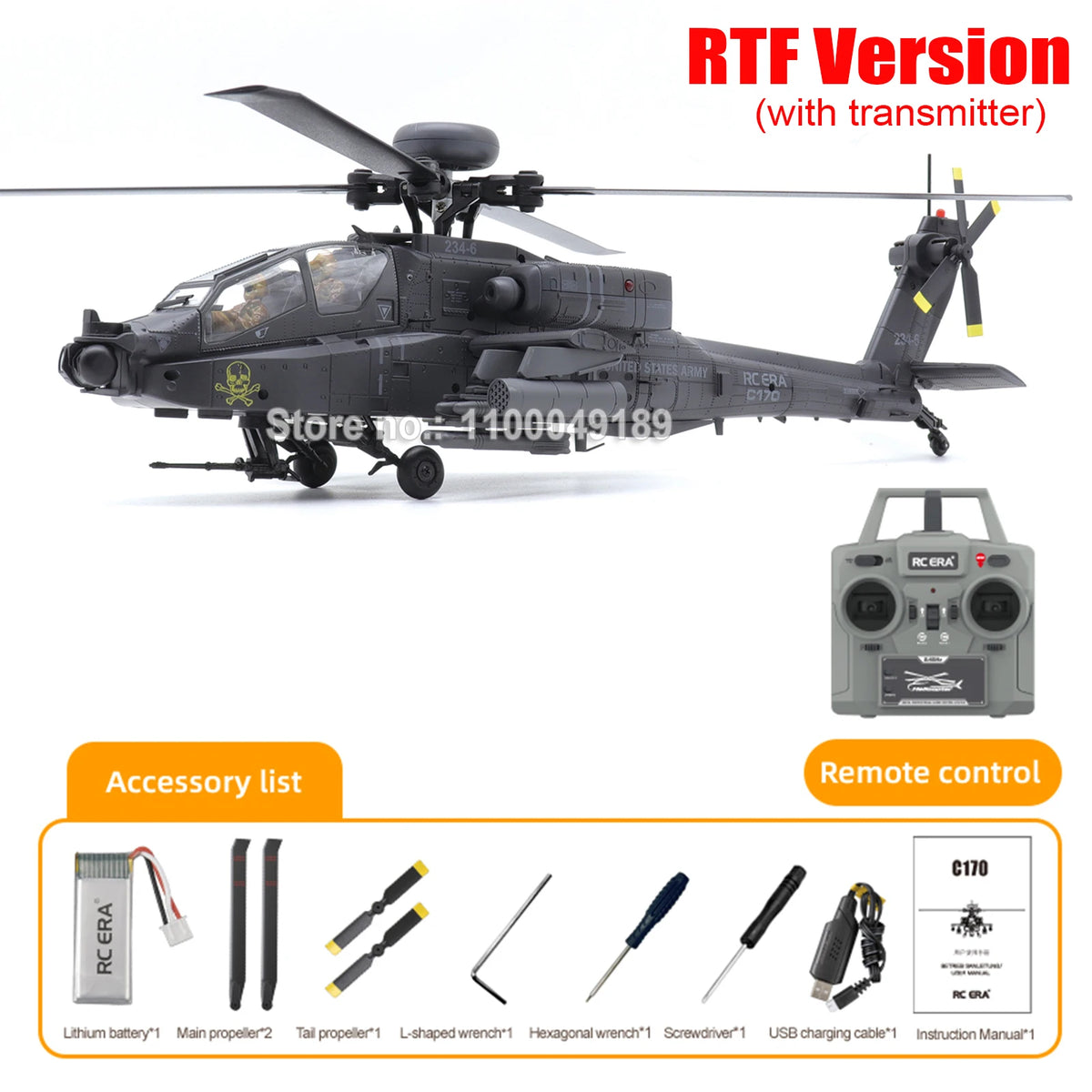 Helicóptero RC ERA C170 AH-64 Apache de 6 Canales, sin Escobillas, con Estabilización Automática, con 2 Figuras de Piloto de Camuflaje, Avión de Juguete para Adultos