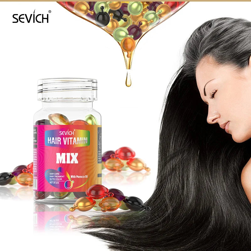 30 Uds. Cápsula de vitamina para el cabello antipérdida, aceite complejo de queratina, suero para el cabello suave y sedoso, mascarilla para el cabello, reparación de Frizz dañado Sevich