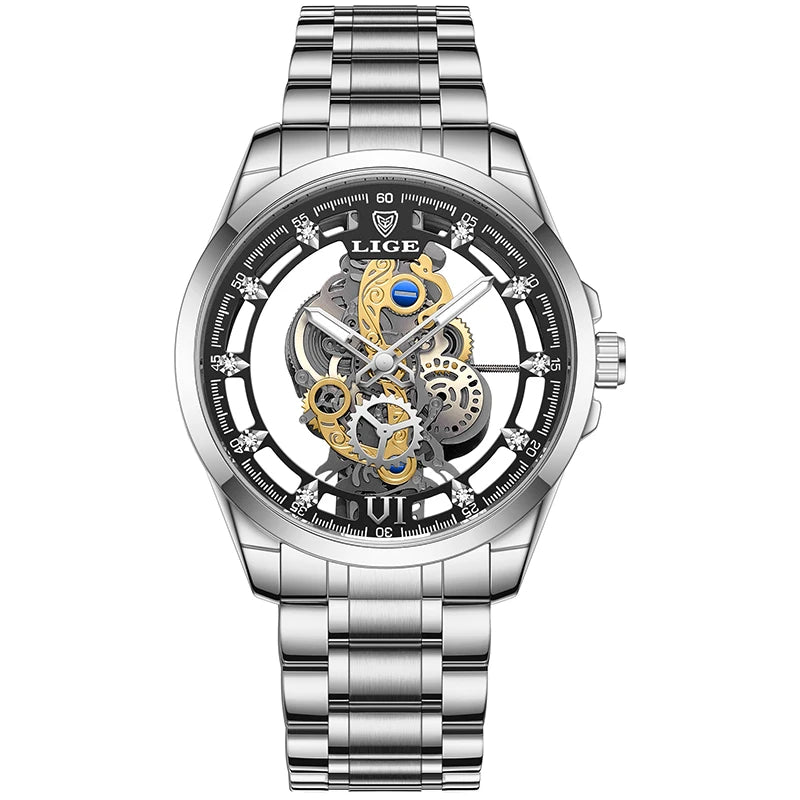 Reloj automático de cuarzo LIGE para hombre, reloj esqueleto dorado, reloj vintage para hombre, relojes de hombre de marca de lujo