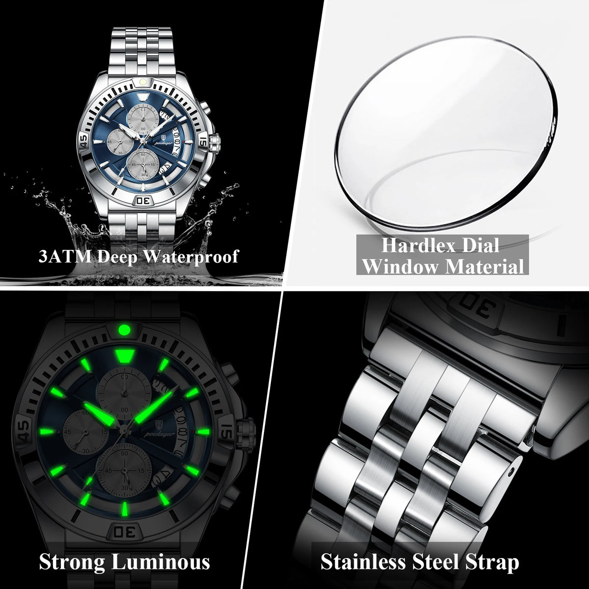 POEDAGAR Fashion Man Wristwatch Luminous Waterproof Stainless Steel Men Watch Date Chronograph Quartz Sports Men's Watches Reloj