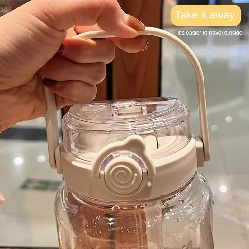 Botella de agua con pajita deportiva de 1,5/2 litros con báscula de tiempo, taza de agua de jugo frío de plástico para verano, botellas de viaje portátiles de gran capacidad