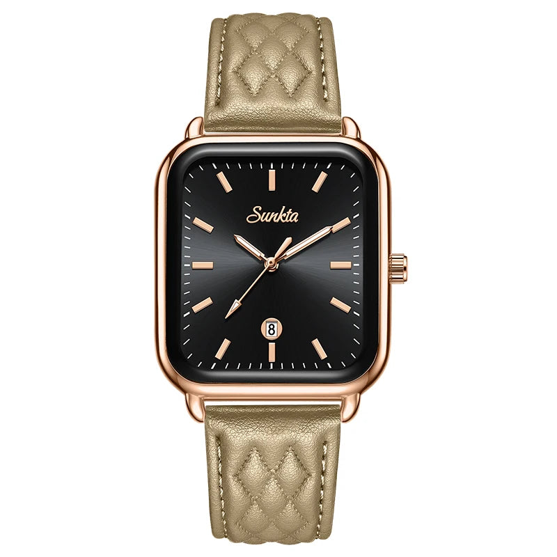 Reloj de lujo para mujer SUNKTA, esfera cuadrada, resistente al agua, con calendario, reloj de cuarzo elegante y de alta calidad para mujer.