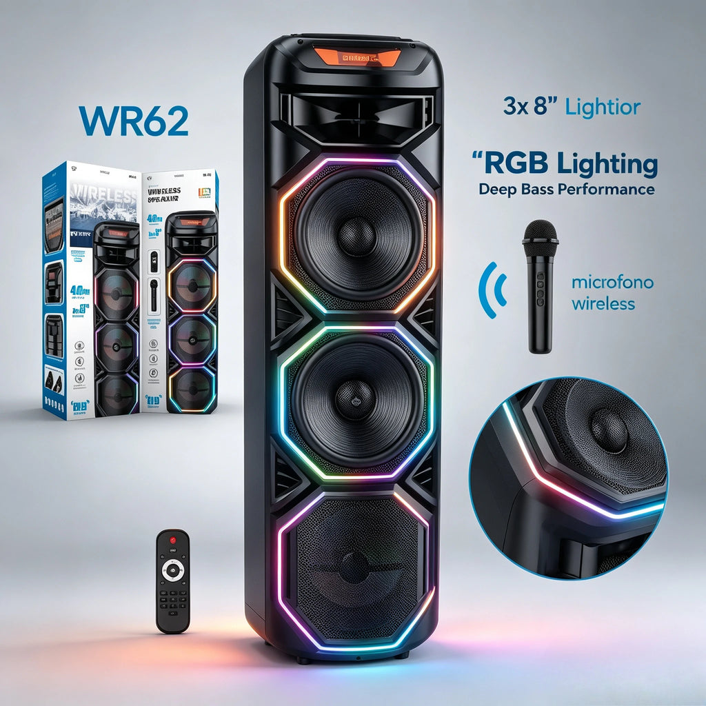 Altavoz Bluetooth Inalámbrico de 40W, Sistema de Karaoke con Bajos Profundos de 3x8 Pulgadas, Micrófono Inalámbrico, Luz RGB, Recargable, Caja de Sonido para Fiestas al Aire Libre