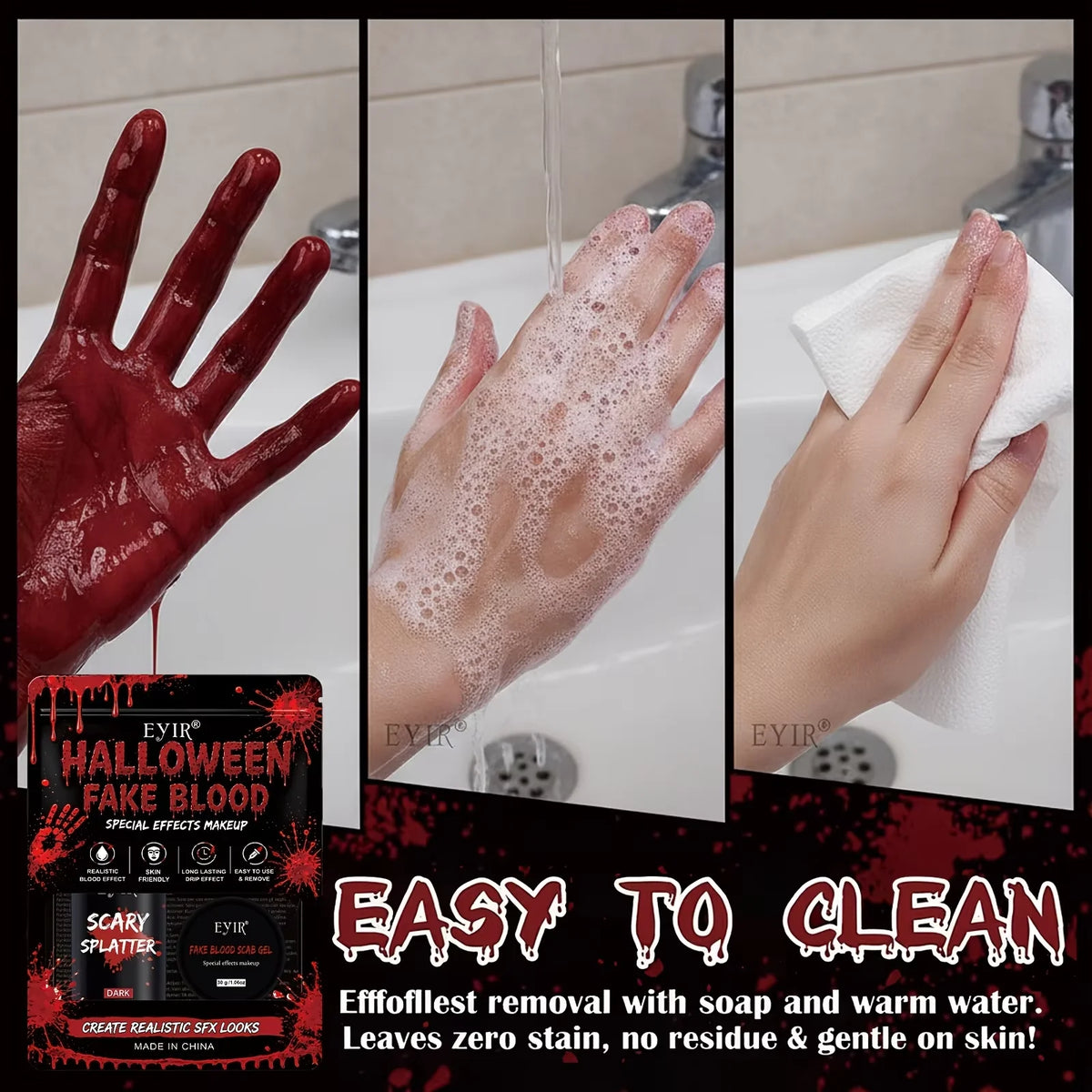 EYIR Kit de Maquillaje SFX Especial Halloween con Spray de Sangre Falsa Gel de Costra Pegatinas de Heridas 3D Esponja para Cosplay Maquillaje de Terror
