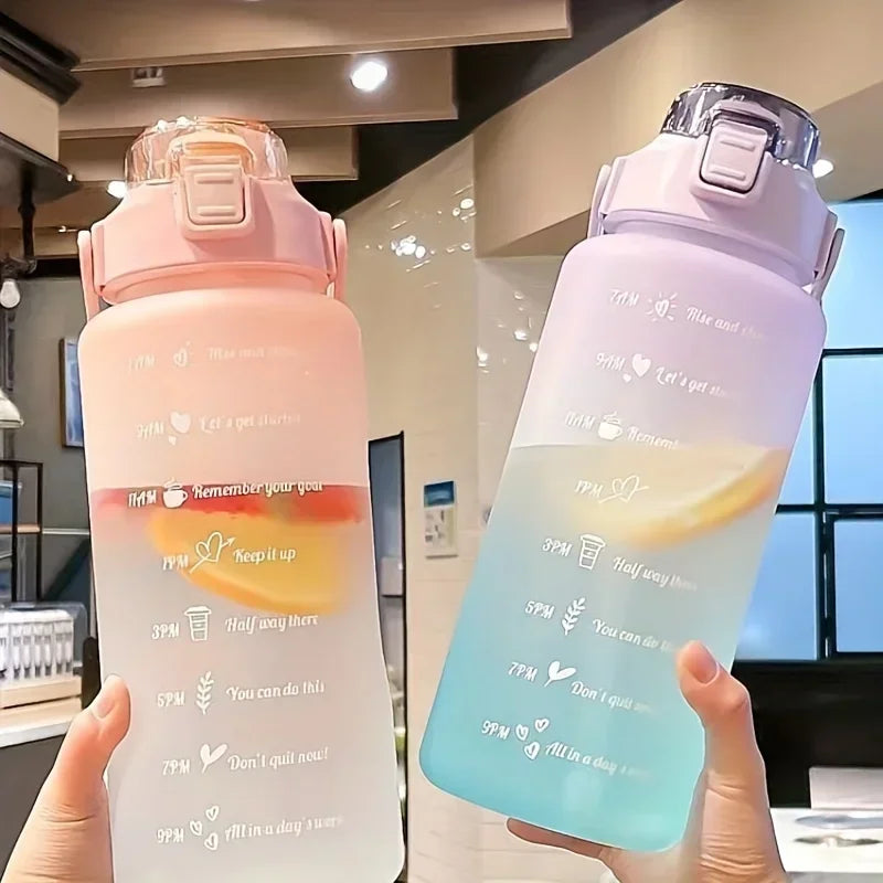 Botella de agua de 2L con pajita, botella de agua deportiva de gran capacidad, botellas para beber portátiles deportivas para viajes y Fitness con marcador de tiempo