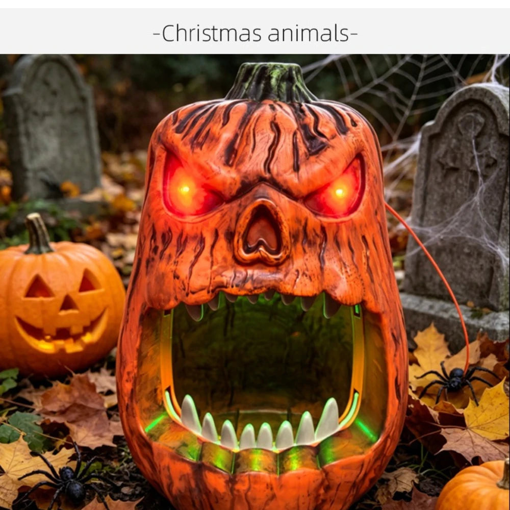 Caja de almacenamiento de dulces de calabaza con cara de calavera de Halloween, adornos de calabaza luminosos activados por voz, decoraciones navideñas, cumpleaños