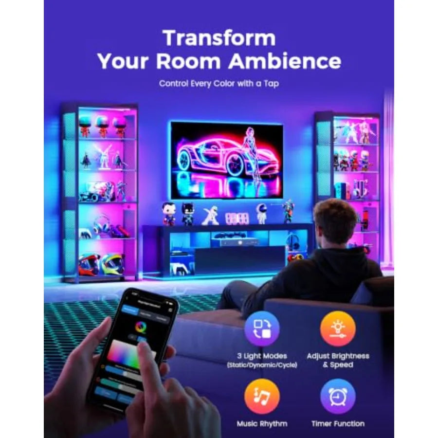 Vitrina alta con estantes de vidrio y luces LED RGB controlables con app.