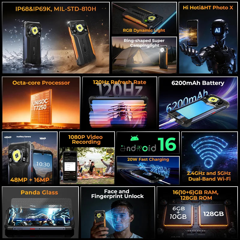 HOTWAV Cyber 17 Rugged Smartphone Android 16 6.75'' 120Hz RGB Dynamic Light Mobile Phone 350LM 6200mAh 20W 6GB 128GB Cellphone