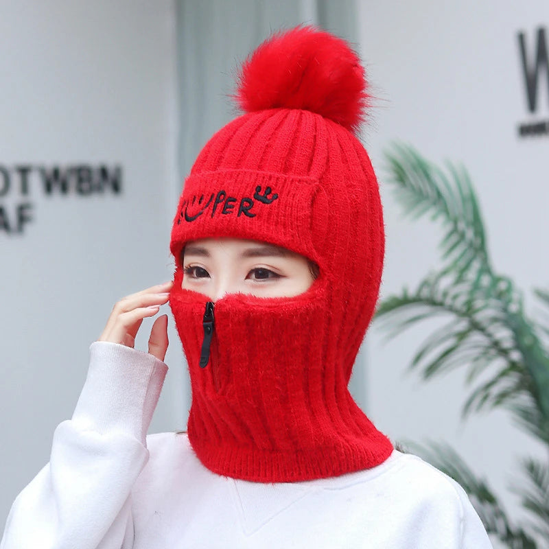 Gorro de invierno de punto para mujer con cremallera, gorro de lana con forro polar y protección contra el viento, ideal para conducir una motocicleta, gorro cálido de estilo coreano.