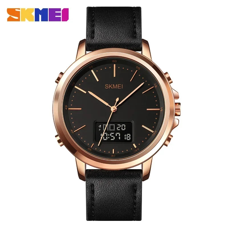 SKMEI 1652 Reloj impermeable con correa de cuero para hombre, reloj de pulsera digital, cronógrafo, alarma, pantalla dual, informal
