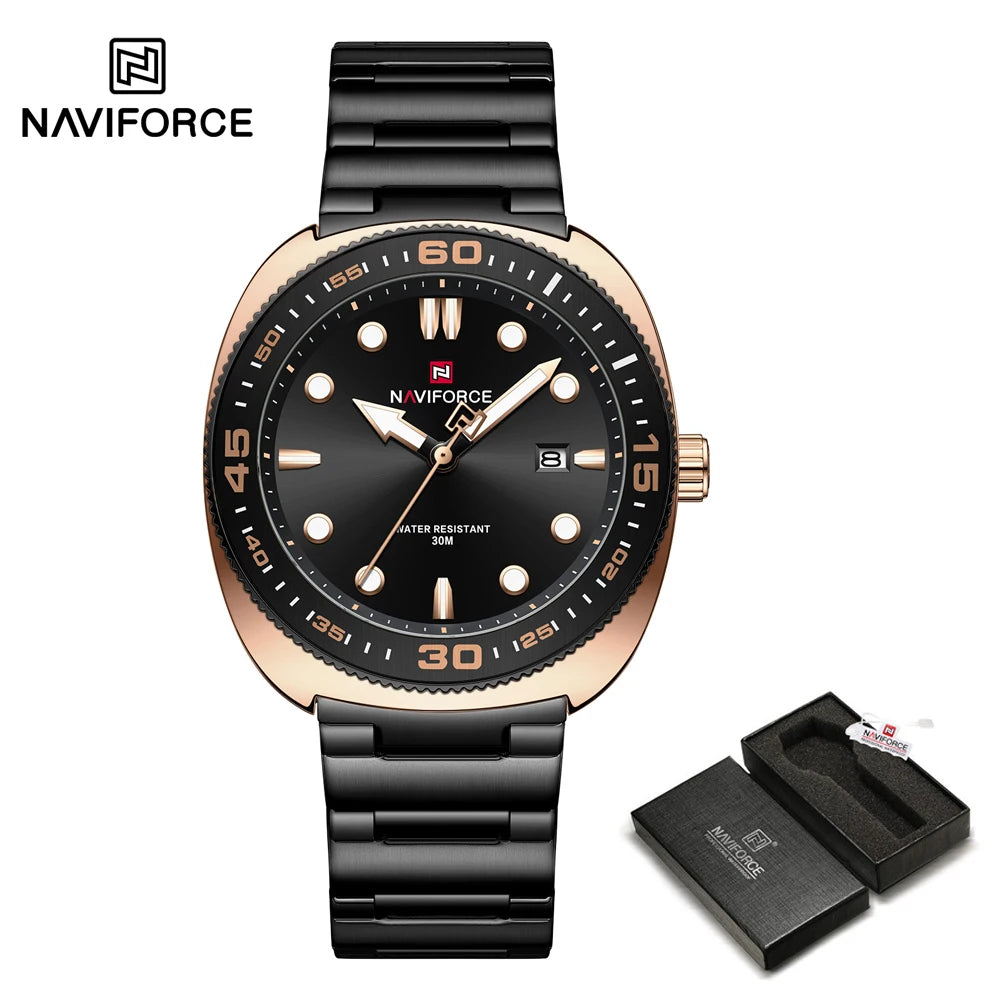 Reloj para hombre NAVIFORCE de lujo, estilo ejecutivo, con fechador, manecillas luminosas, correa de acero inoxidable, movimiento de cuarzo, reloj de marca a la moda