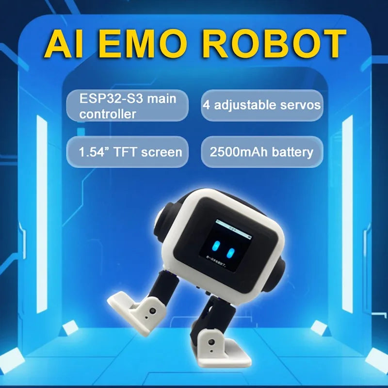 Robot mascota de juguete negro en escena azul con pantalla y cuatro servos ajustables