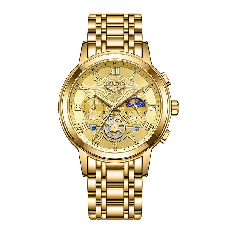 LIGE Nuevo reloj de pulsera de cuarzo impermeable para mujer, reloj de pulsera deportivo para exteriores de moda, reloj femenino de lujo con fase lunar, fecha y cronógrafo