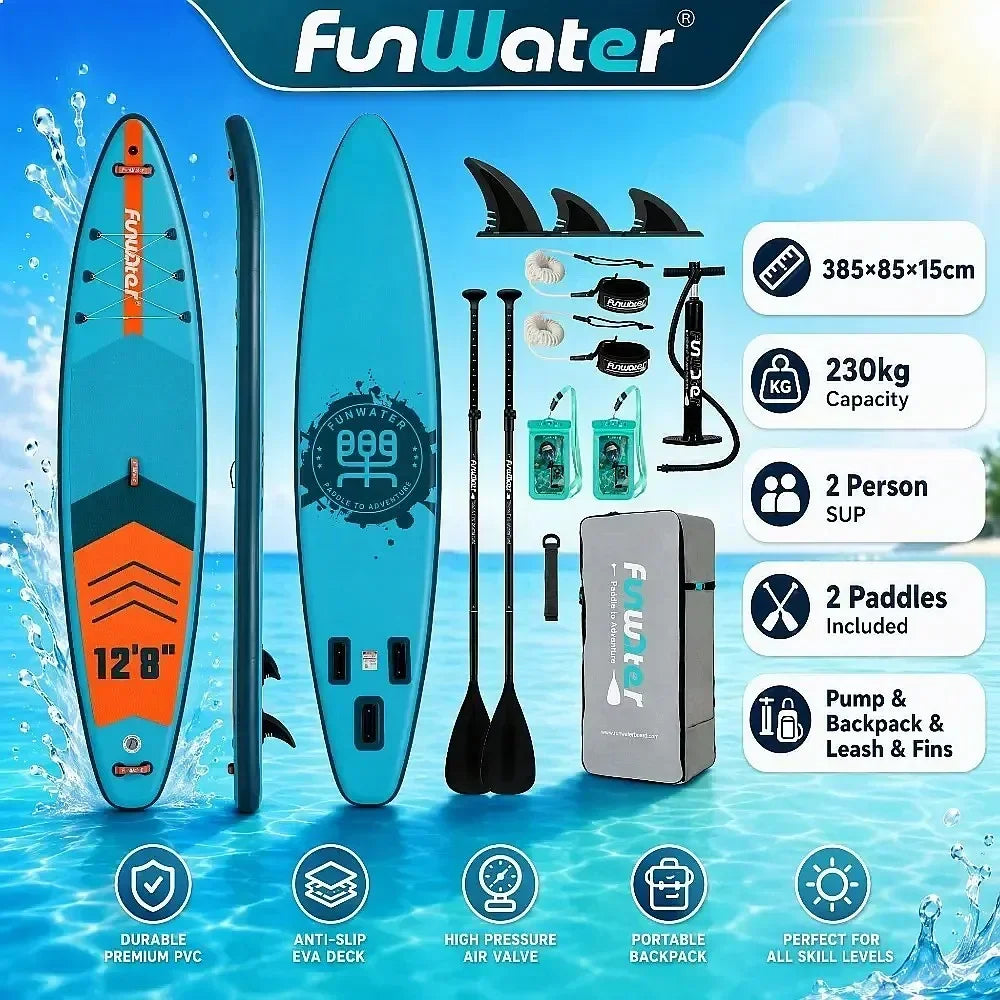 Tabla de Paddle Surf Inflable FunWater SUPFW41B 385x85x15cm para 2 Personas, Capacidad 230kg con 2 Palas, Bomba, Mochila, Correa, Aletas, para Adultos y Niños, Deportes Acuáticos Familiares, Material de Construcción Resist