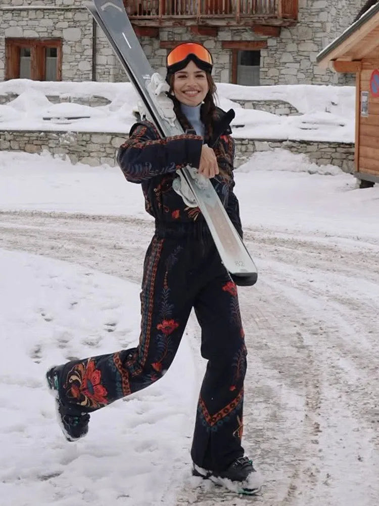Mono de esquí vintage estampado para mujer, manga larga, con cremalleras, cuello alto y bolsillos, ropa de esquí de moda para mujer invierno 2026.