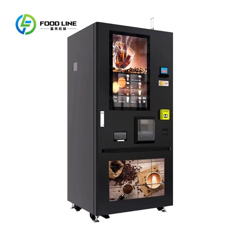 Máquina de café automática negra con pantalla LCD y bandeja inferior, vista lateral
