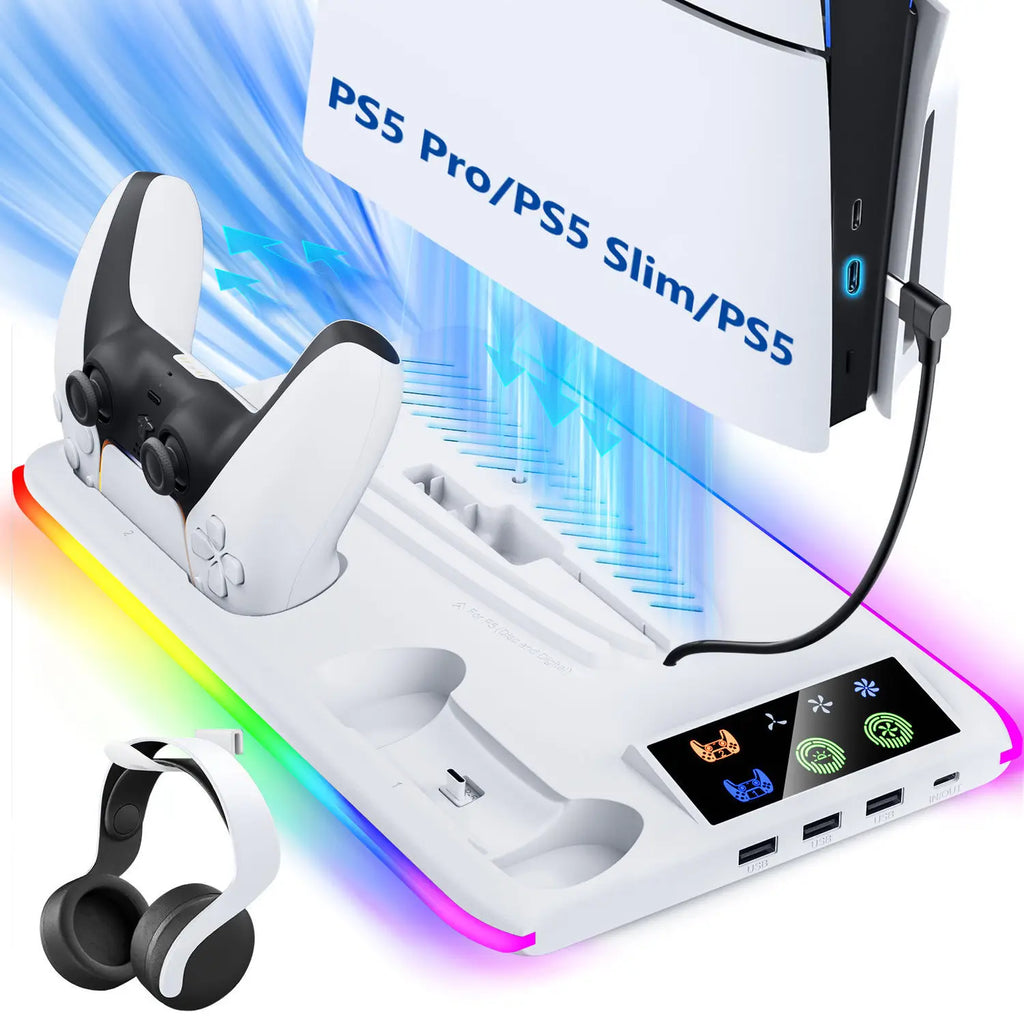 Base de refrigeración con estación de carga para mando LED para PS5/Slim/Pro, ventilador de refrigeración de 3 velocidades, accesorios para consola PlayStation 5