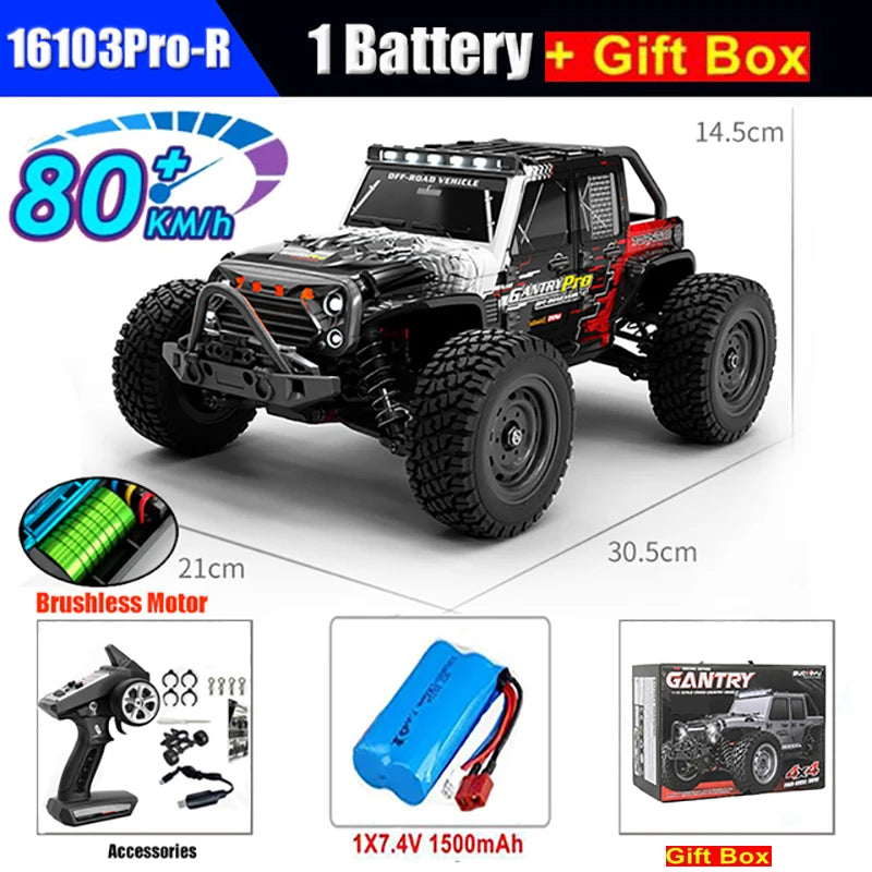 Coches RC de 50 u 80 km/h, escala 1/16, todoterreno, derrape, 4WD con LED, control remoto 2.4G, camión monstruo impermeable, regalo de juguete para adultos y niños