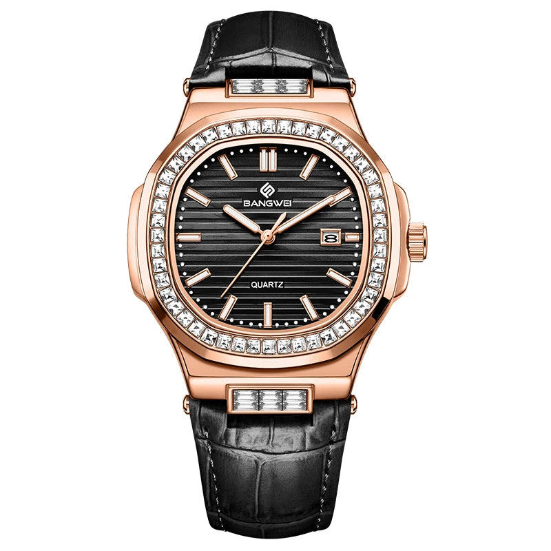 Reloj de cuarzo para mujer BANGWEI, nuevo diseño, elegante y de lujo, esfera sencilla con diamantes, retro, de cuero, con fecha, resistente al agua y luminoso.