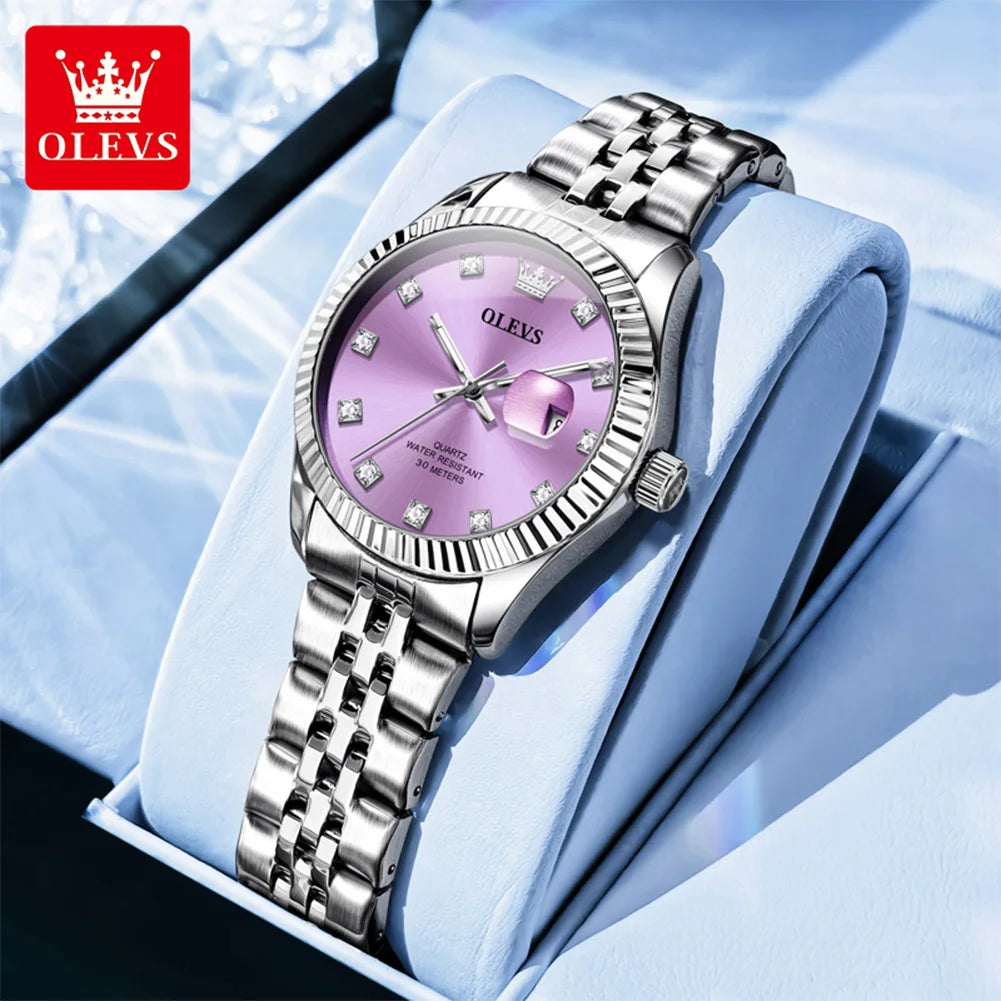 Reloj de mujer OLEVS tendencia moda plata acero inoxidable marca original reloj de pulsera gran fecha textura bisel roscado impermeable