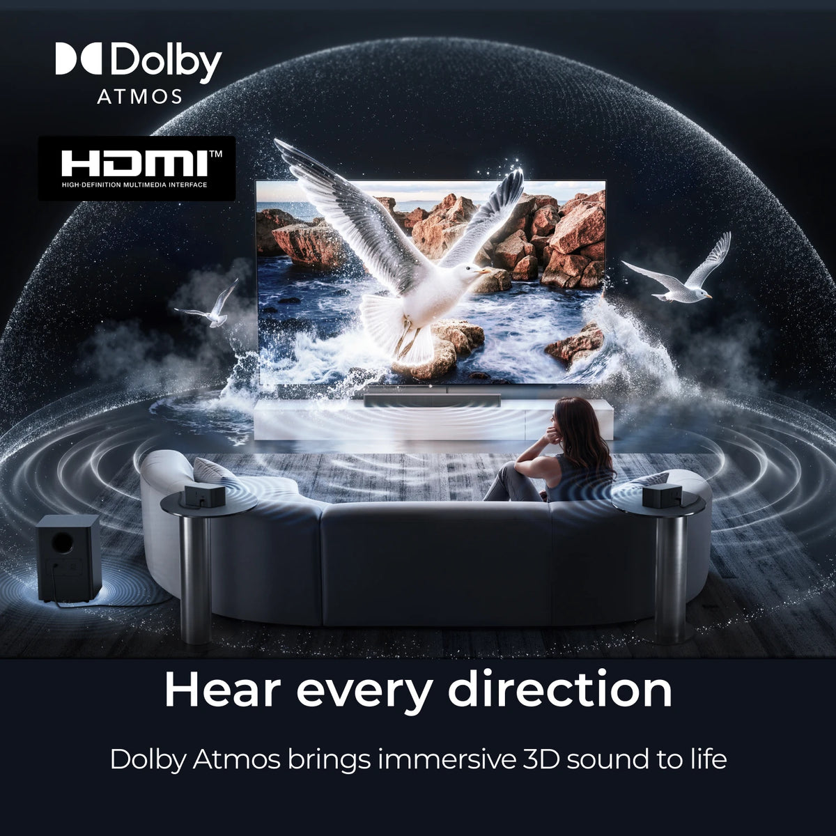 Barra de sonido ULTIMEA 7.1 con tecnología Dolby Atmos, sistema de sonido envolvente inalámbrico, subwoofer inalámbrico de 6,5 pulgadas y altavoces traseros para sonido envolvente.