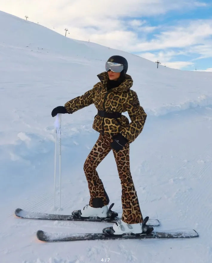 Traje de esquí de una pieza para mujer con capucha, cinturón, corte acampanado, puños elásticos, bolsillos con cremallera, resistente al agua, ropa de nieve.