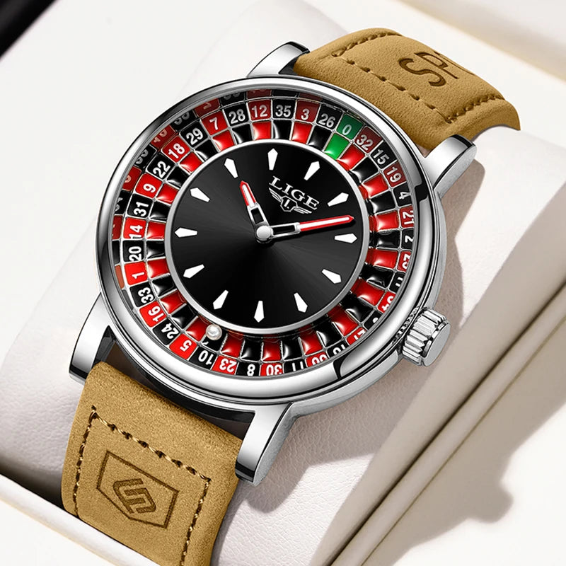 LIGE Casino Roulette Dial Men Watch Retro Brown Leather Strap Waterproof Quartz Watches for Men Business Casual Wrist Gift Watch