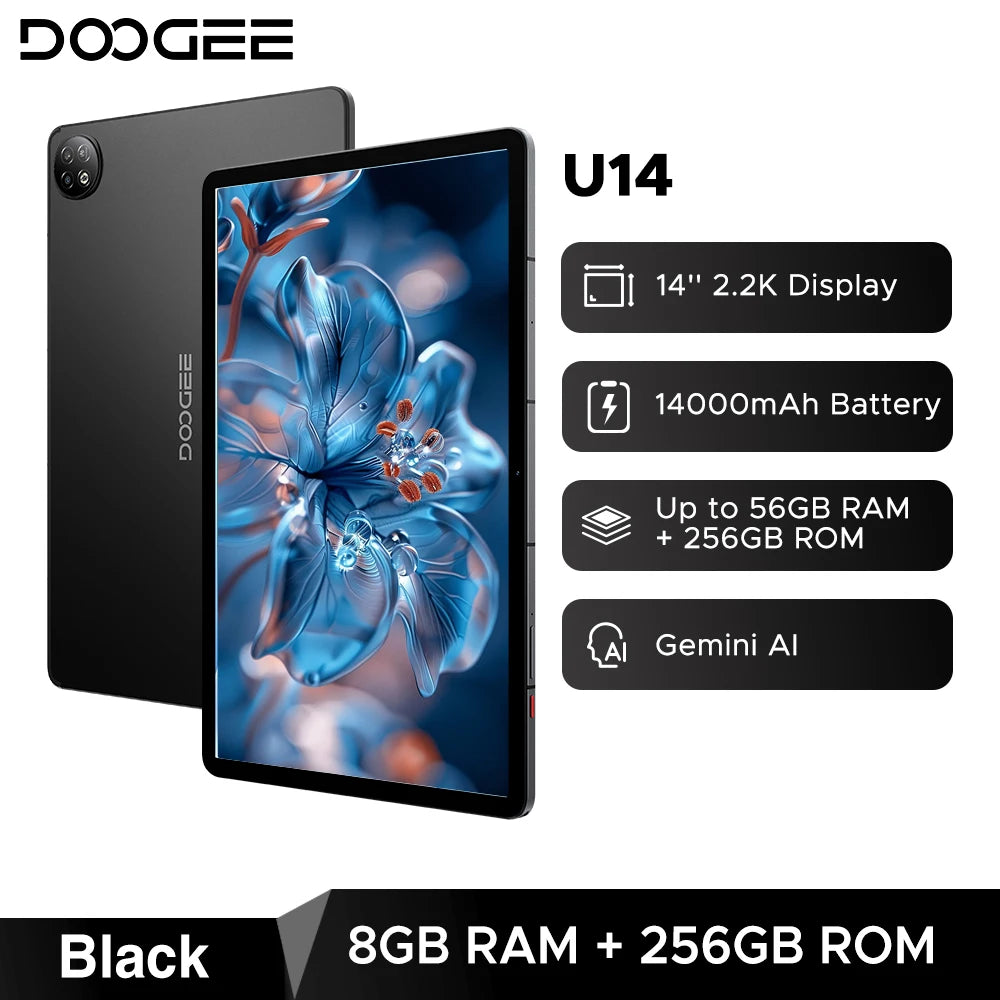 Tableta inteligente Doogee U14, Android, pantalla de 14 pulgadas y resolución 2.2K, 56 GB (8+48), 256 GB, batería de 14000 mAh, Wi-Fi 6, compatibilidad con Gemini AI y Widevine L1.