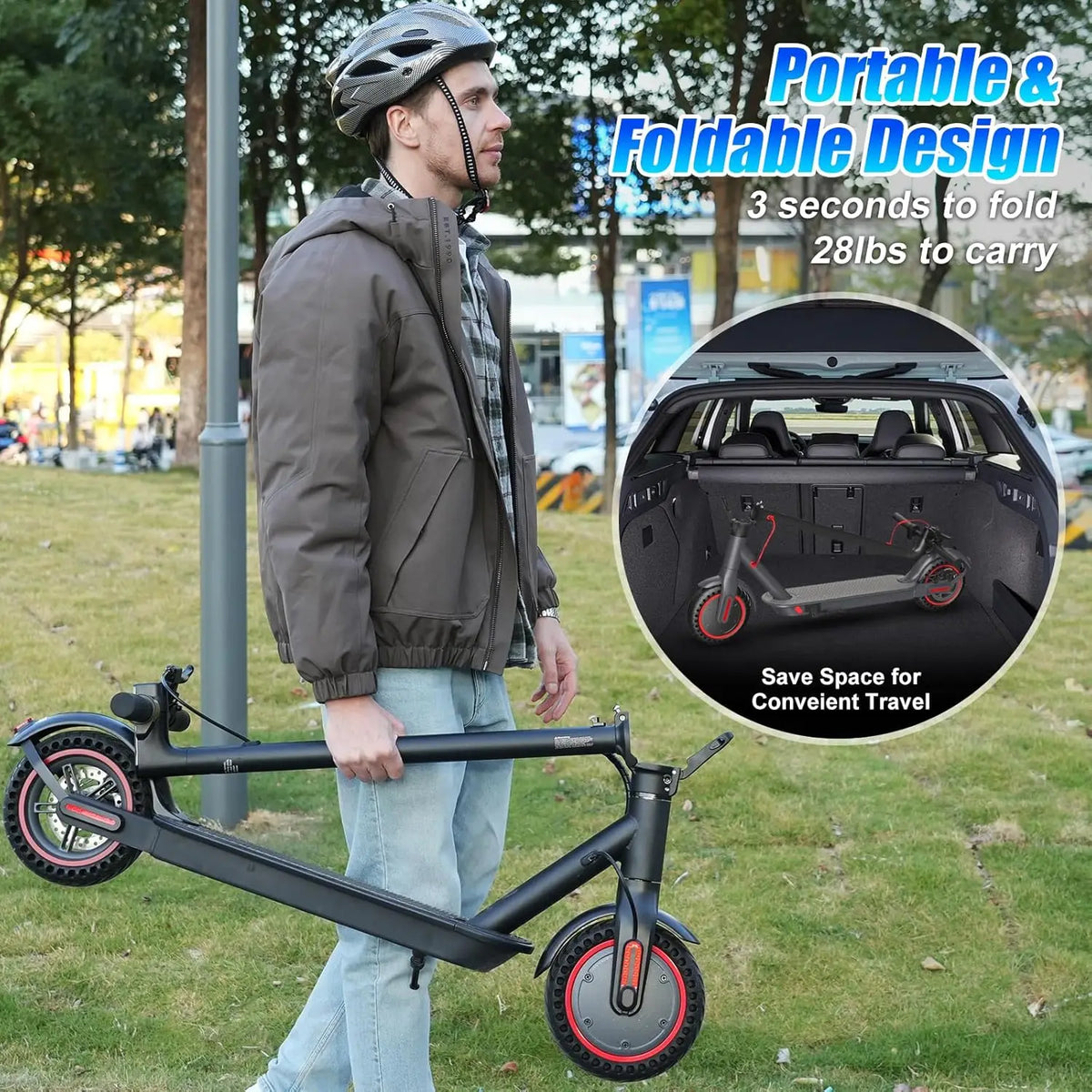 Patineta eléctrica plegable con bastidor negro y ruedas con aros rojos, lista para viajar