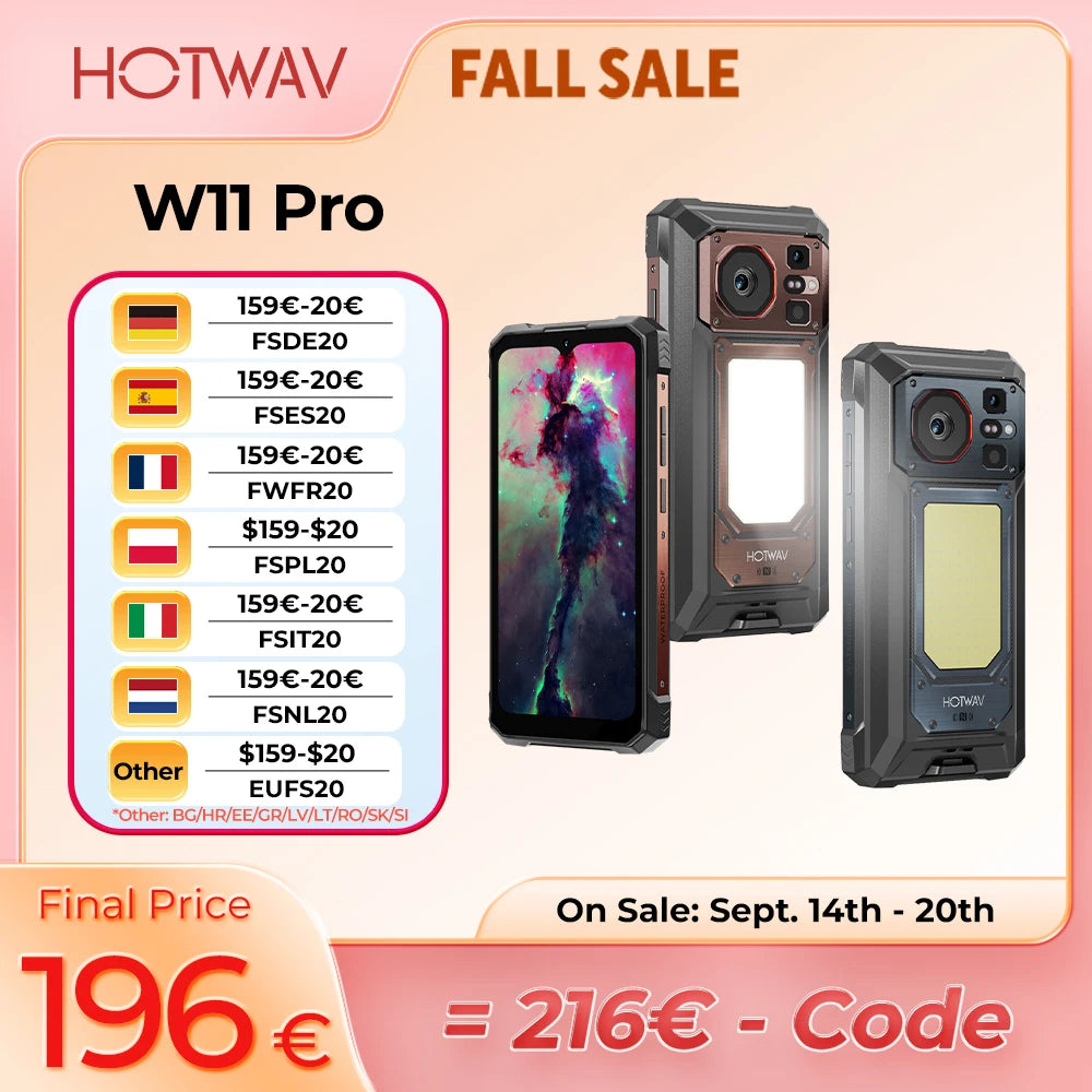 HOTWAV Newest W11 Pro Android 16 Octa-core Rugged Cellphone 6.6'' FHD+ 120Hz Display 20800mAh Massive Battery 33W Fast Charging Smartphone 6GB RAM 256GB ROM Super Camping Light 64MP+20MP+16MP Camera Mobile Phone With Hi Hoti