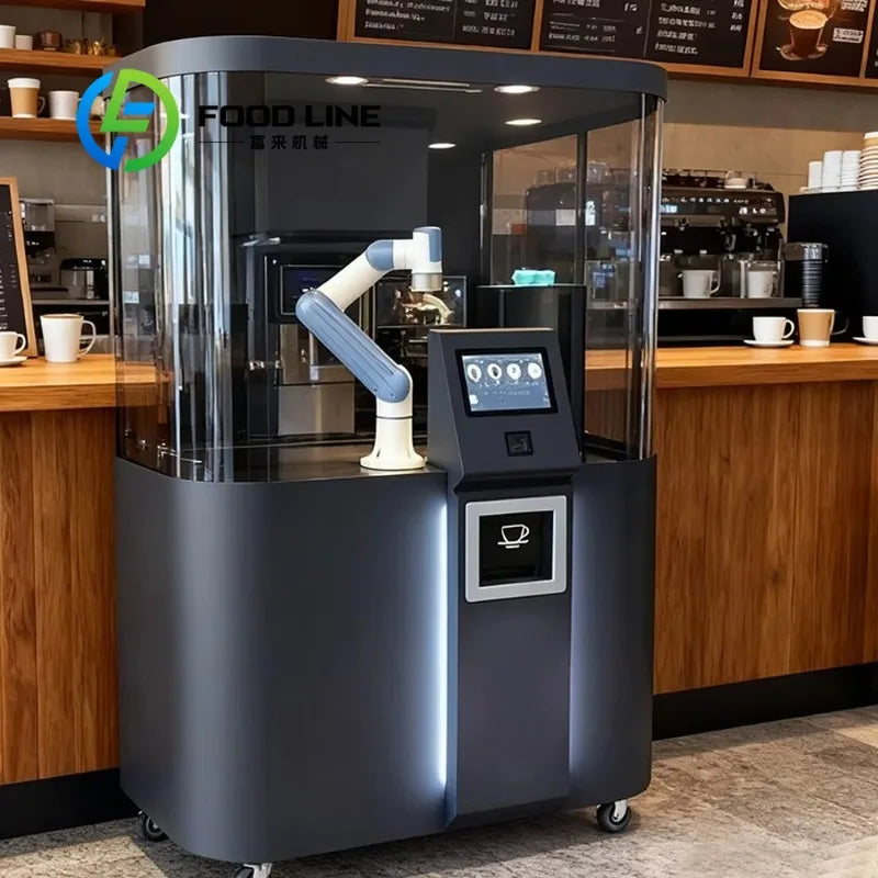 Robot cafetero colaborativo con cabina de vidrio, brazo dispensador y pantalla frontal
