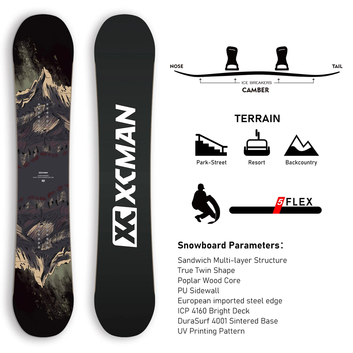 XCMAN Freeride Snowboard Principiante All Mountain, el mejor snowboard híbrido todo terreno, doble direccional para todos los niveles