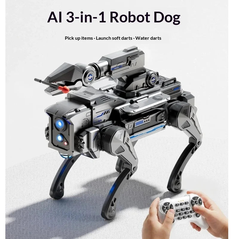 Perro robot mecánico gris con luces azules y control remoto, vista en tres cuartos