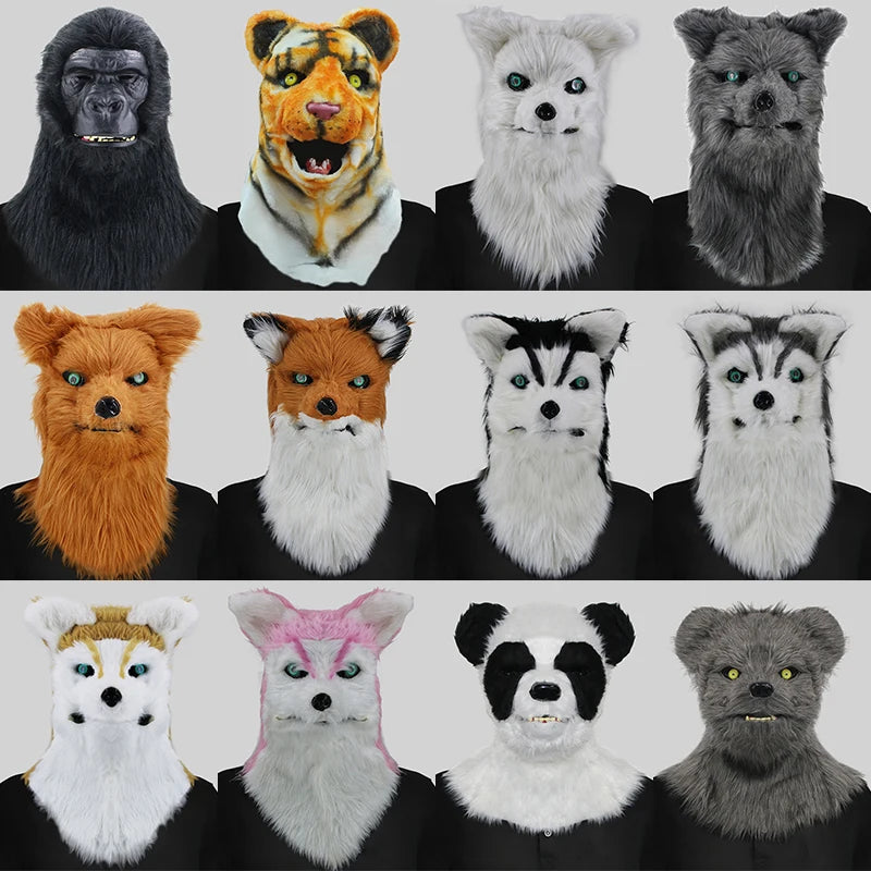 Máscara de zorro de felpa con boca móvil para Halloween, máscaras de cabeza completa de perro y Lobo, máscara de Animal realista, accesorios de disfraces de fiesta de Halloween