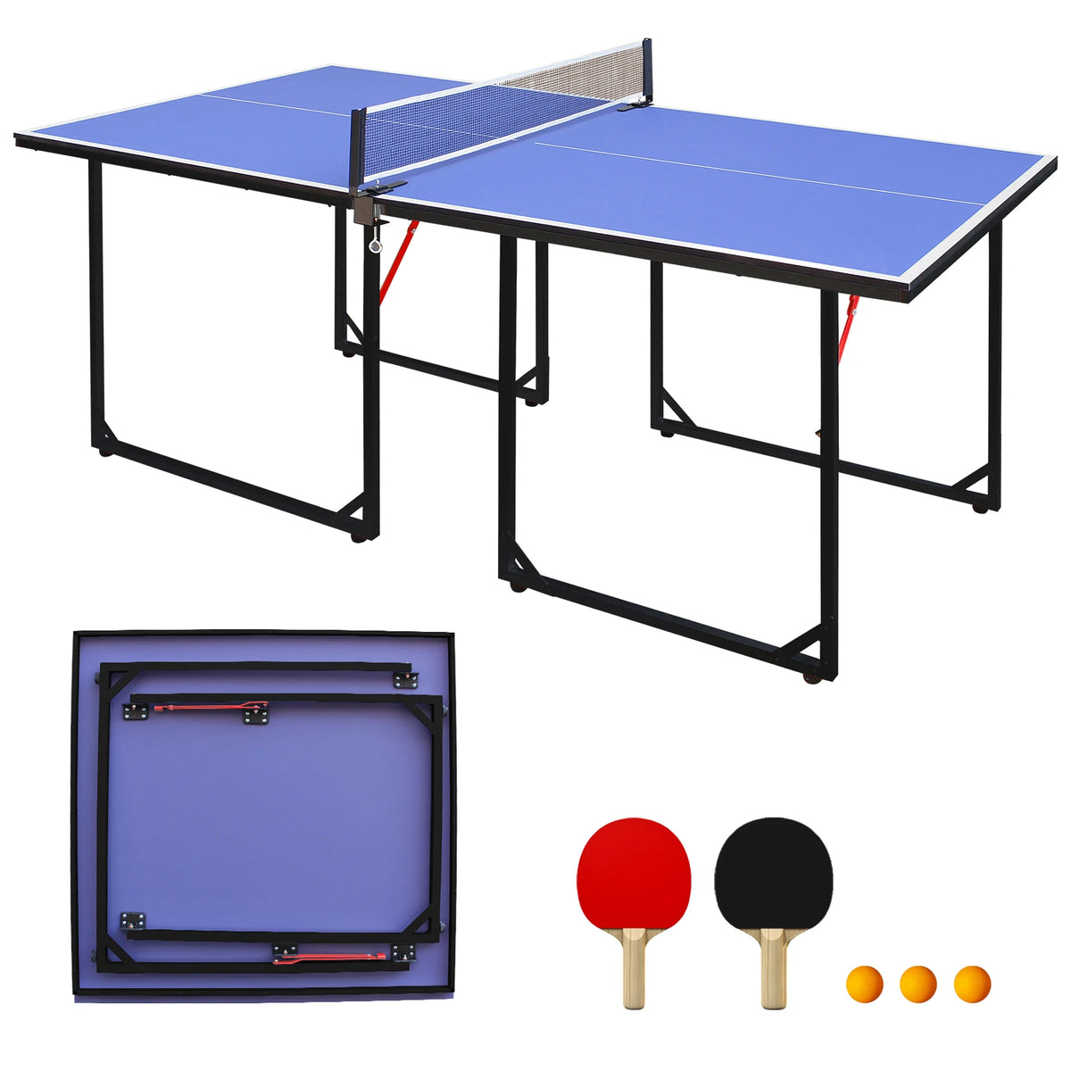 Mesa de Ping Pong Plegable de Tamaño Mediano, Portátil para Interiores y Exteriores, con Marco de Aluminio, Superficie de Juego de MDF, Patas con Bloqueo, Asas de Transporte, Red, 2 Palas, 3 Pelotas