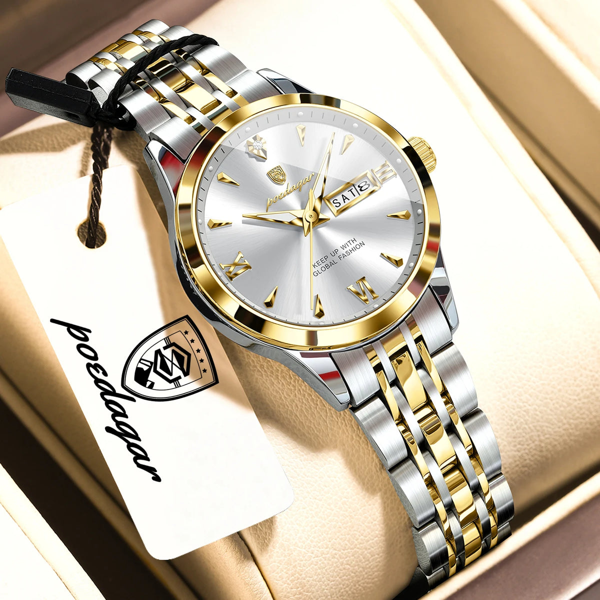 Reloj de pulsera informal POEDAGAR para mujer, resistente al agua, con fecha, semana, luminoso, de acero inoxidable, reloj de moda para mujer